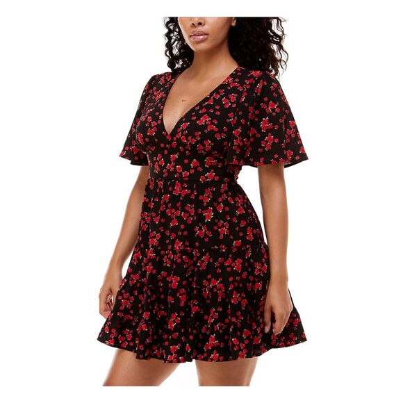 B DARLIN Womens Tie Skirt Back Flutter Sleeve Short Party Fit + Flare Dress - Picture 3 of 4